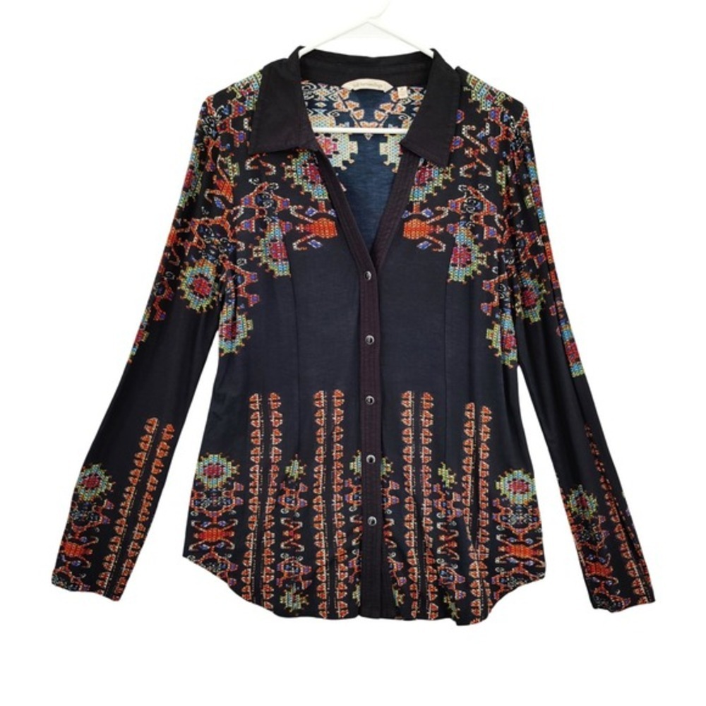 Soft Surroundings Womens Folk Artsy Tribal Maximalist Knit Button Up Top M Black
